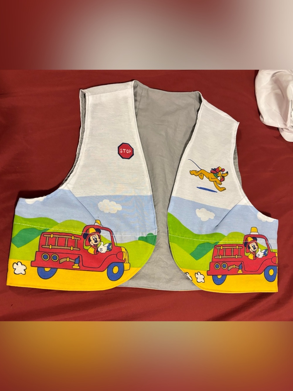 KIDS size 12 vest upcycled from vintage 1980s Disney Mickey Mouse firetruck